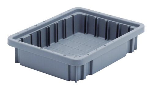 The Quantum Dividable Grid Container, 11-7/8L x 8-1/4W x 2-1/2H, is a gray plastic storage bin with ribbed sides, proudly made in the USA and shown empty against a white background.