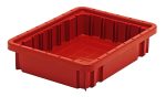 The Quantum Dividable Grid Container (11-7/8L x 8-1/4W x 2-1/2H) in red is made in the USA, featuring raised sides and reinforced corners. Its interior grid and exterior vertical ridges boost strength, making it ideal for easy organization or transport.