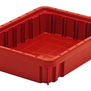 The Quantum Dividable Grid Container (11-7/8L x 8-1/4W x 2-1/2H) in red is made in the USA, featuring raised sides and reinforced corners. Its interior grid and exterior vertical ridges boost strength, making it ideal for easy organization or transport.