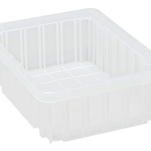 The Quantum Dividable Grid Container, measuring 11-7/8L x 8-1/4W x 3-1/2H, is clear with a grid pattern and includes a top rim for secure stacking. Made in the USA.