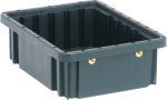 The black Quantum Dividable Grid Container, made in the USA, is 11-7/8L x 8-1/4W x 3-1/2H with reinforced edges, a slightly textured surface, vertical grooves, and metal eyelets. It is large and rectangular with conductive properties.
