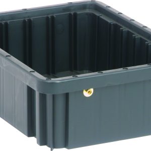 The black Quantum Dividable Grid Container, made in the USA, is 11-7/8L x 8-1/4W x 3-1/2H with reinforced edges, a slightly textured surface, vertical grooves, and metal eyelets. It is large and rectangular with conductive properties.