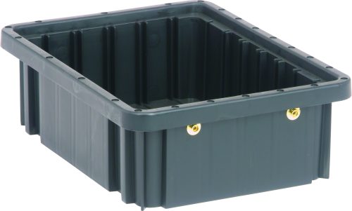 DG91035CO.jpg The black Quantum Dividable Grid Container, made in the USA, is 11-7/8L x 8-1/4W x 3-1/2H with reinforced edges, a slightly textured surface, vertical grooves, and metal eyelets. It is large and rectangular with conductive properties.