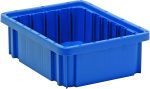 The Quantum Dividable Grid Container is a blue, ribbed plastic storage bin measuring 11-7/8L x 8-1/4W x 3-1/2H, made in the USA. The image shows it empty from an angled perspective, highlighting its depth and structure with a slightly raised rim.