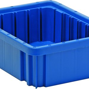 The Quantum Dividable Grid Container is a blue, ribbed plastic storage bin measuring 11-7/8L x 8-1/4W x 3-1/2H, made in the USA. The image shows it empty from an angled perspective, highlighting its depth and structure with a slightly raised rim.