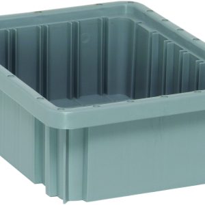 The Quantum Dividable Grid Container, measuring 11-7/8L x 8-1/4W x 3-1/2H, is a gray rectangular plastic bin with reinforced sides and a raised rim, open at the top for optimal organization or transport. Proudly made in the USA.