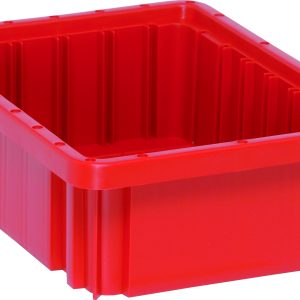 The Quantum Dividable Grid Container is a red rectangular plastic storage bin with ribbed sides and an open top, measuring 11-7/8L x 8-1/4W x 3-1/2H. Made in the USA, its set against a plain white background.
