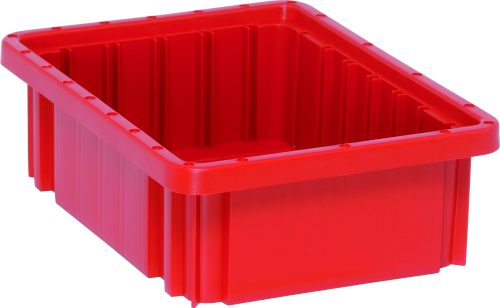 The Quantum Dividable Grid Container is a red rectangular plastic storage bin with ribbed sides and an open top, measuring 11-7/8L x 8-1/4W x 3-1/2H. Made in the USA, its set against a plain white background.
