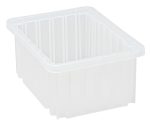 The Quantum Dividable Grid Container, 11-7/8L x 8-1/4W x 5H, is a clear, rectangular storage bin with vertical grooves. Its stackable and open-top design efficiently organizes spaces. Made in the USA.