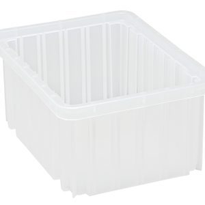 The Quantum Dividable Grid Container, 11-7/8L x 8-1/4W x 5H, is a clear, rectangular storage bin with vertical grooves. Its stackable and open-top design efficiently organizes spaces. Made in the USA.