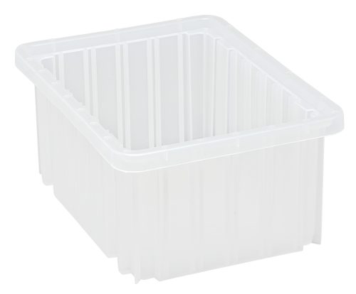 The Quantum Dividable Grid Container, 11-7/8L x 8-1/4W x 5H, is a clear, rectangular storage bin with vertical grooves. Its stackable and open-top design efficiently organizes spaces. Made in the USA.