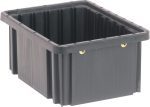 The Quantum Dividable Grid Container, a black conductive storage bin made in the USA, measures 11-7/8L x 8-1/4W x 5H. It features reinforced sides and two small metal handles on the short ends, ideal for heavy-duty use due to its ribbed texture.