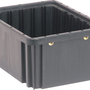 The Quantum Dividable Grid Container, a black conductive storage bin made in the USA, measures 11-7/8L x 8-1/4W x 5H. It features reinforced sides and two small metal handles on the short ends, ideal for heavy-duty use due to its ribbed texture.