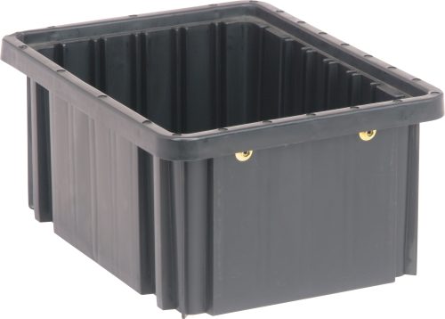 DG91050CO.jpg The Quantum Dividable Grid Container, a black conductive storage bin made in the USA, measures 11-7/8L x 8-1/4W x 5H. It features reinforced sides and two small metal handles on the short ends, ideal for heavy-duty use due to its ribbed texture.