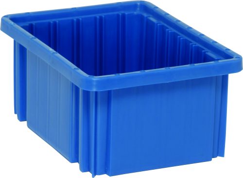 The Quantum Dividable Grid Container is a blue plastic bin with raised edges and a textured surface, measuring 11-7/8L x 8-1/4W x 5H. Made in the USA, this rectangular container is shown on a white background.