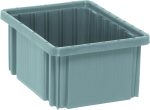 The Quantum Dividable Grid Container, measuring 11-7/8L x 8-1/4W x 5H, is a large gray storage bin made in the USA. It features reinforced sides with textured vertical ridges for strength and a smooth interior for easy organization.