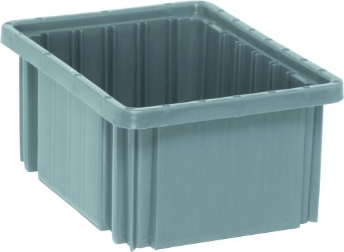 DG91050_GY.jpg The Quantum Dividable Grid Container, measuring 11-7/8L x 8-1/4W x 5H, is a large gray storage bin made in the USA. It features reinforced sides with textured vertical ridges for strength and a smooth interior for easy organization.