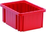 The Quantum Dividable Grid Container, measuring 11-7/8L x 8-1/4W x 5H, is a red, rectangular plastic storage bin with ribbed sides made in the USA. It’s sturdy and open-top design makes it ideal for organizing or storing items efficiently.