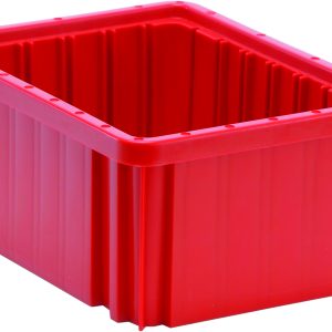 The Quantum Dividable Grid Container, measuring 11-7/8L x 8-1/4W x 5H, is a red, rectangular plastic storage bin with ribbed sides made in the USA. It’s sturdy and open-top design makes it ideal for organizing or storing items efficiently.