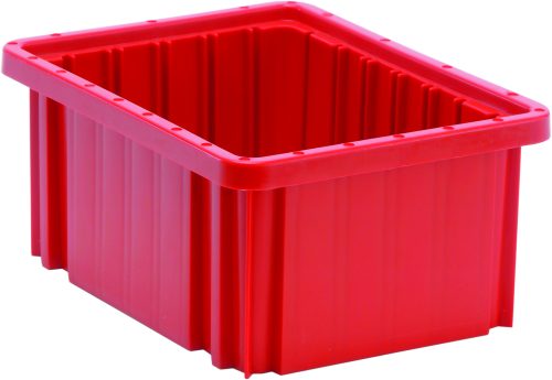 DG91050_RD.jpg The Quantum Dividable Grid Container, measuring 11-7/8L x 8-1/4W x 5H, is a red, rectangular plastic storage bin with ribbed sides made in the USA. It’s sturdy and open-top design makes it ideal for organizing or storing items efficiently.