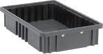 The Quantum Dividable Grid Container, black and conductive, measures 16-1/2L X 10-7/8W X 3-1/2H. It features ribbed sides, a grid-patterned base for organization, and two metal rivets on a long side. Made in the USA, its perfect for your storage needs.