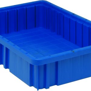 The Quantum Dividable Grid Container is a large, blue, rectangular plastic container measuring 16-1/2L x 10-7/8W x 3-1/2H. It features raised edges and a bottom grid pattern for versatile storage needs and is proudly made in the USA.
