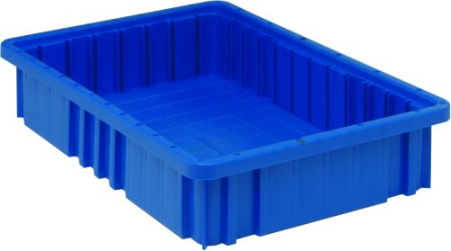 The Quantum Dividable Grid Container is a large, blue, rectangular plastic container measuring 16-1/2L x 10-7/8W x 3-1/2H. It features raised edges and a bottom grid pattern for versatile storage needs and is proudly made in the USA.