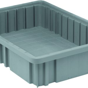 The Quantum Dividable Grid Container is a large, rectangular gray plastic container with raised sides, vertical ridges, and a grid-patterned bottom. It measures 16-1/2L x 10-7/8W x 3-1/2H and has rounded edges for easy handling. Made in the USA.