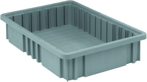 The Quantum Dividable Grid Container is a large, rectangular gray plastic container with raised sides, vertical ridges, and a grid-patterned bottom. It measures 16-1/2L x 10-7/8W x 3-1/2H and has rounded edges for easy handling. Made in the USA.