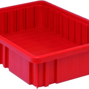A red Quantum Dividable Grid Container, 16-1/2L x 10-7/8W x 3-1/2H, made in USA, features ribbed sides and a flat bottom on a white background.