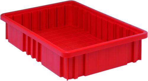 DG92035_RD.jpg A red Quantum Dividable Grid Container, 16-1/2L x 10-7/8W x 3-1/2H, made in USA, features ribbed sides and a flat bottom on a white background.