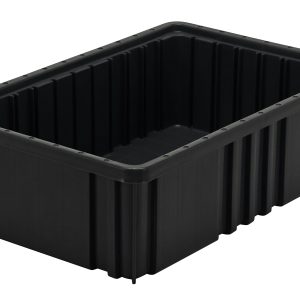The Quantum Dividable Grid Container is a conductive, sturdy black rectangular storage box with ribbed sides and reinforced edges, measuring 16-1/2L x 10-7/8W x 5H. Its wide open top and robust construction are perfect for diverse storage needs. Made in the USA.