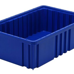 The Quantum Dividable Grid Container, 16-1/2L x 10-7/8W x 5H in blue, made in the USA, features ribbed sides and a textured interior, captured from a slightly elevated angle to highlight its design.