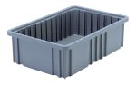A large Quantum Dividable Grid Container, gray and rectangular with reinforced sides and a textured inner surface, measures 16-1/2L x 10-7/8W x 5H, is empty, and placed on a white background. Made in the USA.
