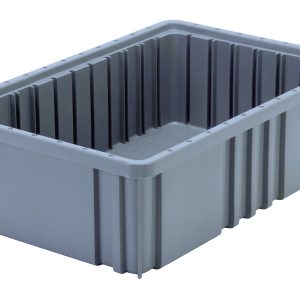 A large Quantum Dividable Grid Container, gray and rectangular with reinforced sides and a textured inner surface, measures 16-1/2L x 10-7/8W x 5H, is empty, and placed on a white background. Made in the USA.