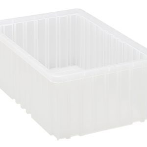A clear, rectangular Quantum Dividable Grid Container (16-1/2L x 10-7/8W x 6H) with ribbed sides and an open top is shown against a plain white background. Made in the USA, it features a slightly shiny surface that highlights its smooth texture and quality craftsmanship.