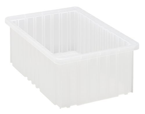 A clear, rectangular Quantum Dividable Grid Container (16-1/2L x 10-7/8W x 6H) with ribbed sides and an open top is shown against a plain white background. Made in the USA, it features a slightly shiny surface that highlights its smooth texture and quality craftsmanship.