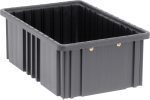 The Quantum Dividable Grid Container is a large, rectangular, black plastic bin with ribbed sides and rounded edges. Positioned at an angle, it shows its open top and conductive interior, with two small metallic rivets visible on the front side. Made in the USA, it measures 16-1/2L x 10-7/8W x 6H.