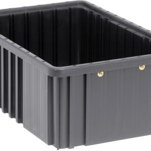 The Quantum Dividable Grid Container is a large, rectangular, black plastic bin with ribbed sides and rounded edges. Positioned at an angle, it shows its open top and conductive interior, with two small metallic rivets visible on the front side. Made in the USA, it measures 16-1/2L x 10-7/8W x 6H.