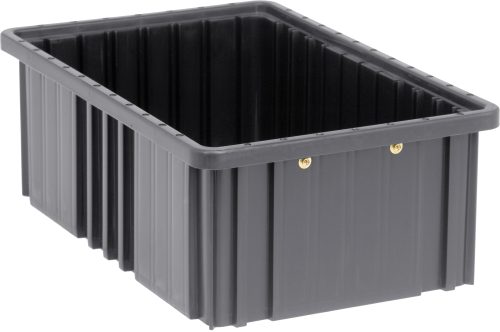 The Quantum Dividable Grid Container is a large, rectangular, black plastic bin with ribbed sides and rounded edges. Positioned at an angle, it shows its open top and conductive interior, with two small metallic rivets visible on the front side. Made in the USA, it measures 16-1/2L x 10-7/8W x 6H.
