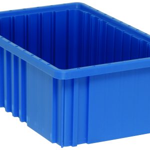 A blue Quantum Dividable Grid Container, 16-1/2L x 10-7/8W x 6H, features ribbed sides and an elevated base, shown at an angle displaying its open top and side details. Proudly made in the USA.