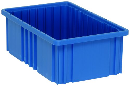A blue Quantum Dividable Grid Container, 16-1/2L x 10-7/8W x 6H, features ribbed sides and an elevated base, shown at an angle displaying its open top and side details. Proudly made in the USA.