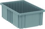 The Quantum Dividable Grid Container is a 16-1/2L x 10-7/8W x 6H grey plastic bin with ribbed sides, ideal for storage or organization. It is open-topped and made in the USA.