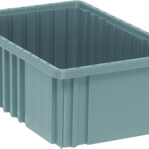 The Quantum Dividable Grid Container is a 16-1/2L x 10-7/8W x 6H grey plastic bin with ribbed sides, ideal for storage or organization. It is open-topped and made in the USA.