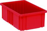 The American-made Quantum Dividable Grid Container, measuring 16-1/2L x 10-7/8W x 6H in red, offers a spacious design with vertical grooves and an open rectangular top for durability and style.