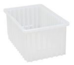 The clear Quantum Dividable Grid Container, 16-1/2L x 10-7/8W x 8H, Made in USA, is elegantly poised against a plain white background.