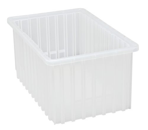 The clear Quantum Dividable Grid Container, 16-1/2L x 10-7/8W x 8H, Made in USA, is elegantly poised against a plain white background.