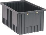 The Quantum Dividable Grid Container is a sturdy, black conductive unit with ribbed sides and a reinforced rim. Its made in the USA, measuring 16-1/2L x 10-7/8W x 8H, ideal for industrial or heavy-duty storage or transport.