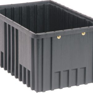 The Quantum Dividable Grid Container is a sturdy, black conductive unit with ribbed sides and a reinforced rim. Its made in the USA, measuring 16-1/2L x 10-7/8W x 8H, ideal for industrial or heavy-duty storage or transport.
