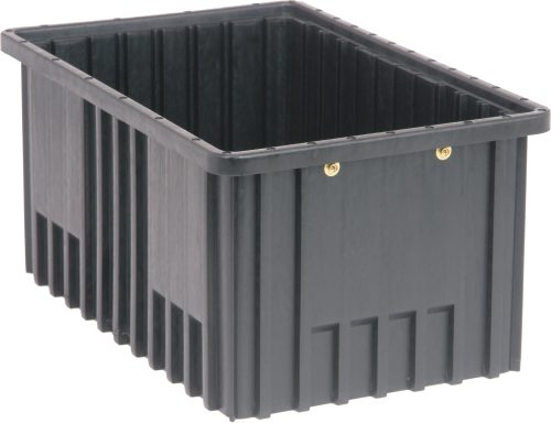 DG92080CO.jpg The Quantum Dividable Grid Container is a sturdy, black conductive unit with ribbed sides and a reinforced rim. Its made in the USA, measuring 16-1/2L x 10-7/8W x 8H, ideal for industrial or heavy-duty storage or transport.